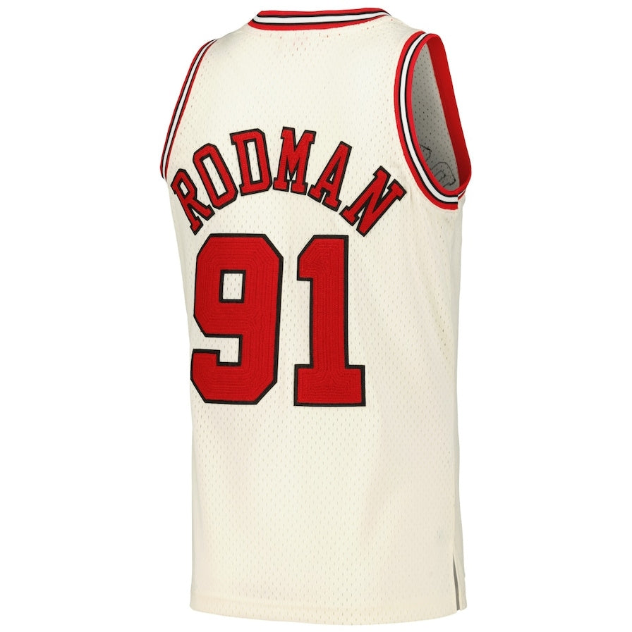 C.Bulls #91 Dennis Rodman Mitchell & Ness Chainstitch Swingman Jersey - Cream American Basketball Jersey - Main View