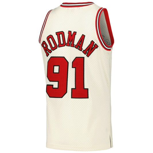 C.Bulls #91 Dennis Rodman Mitchell & Ness Chainstitch Swingman Jersey - Cream American Basketball Jersey - Main View