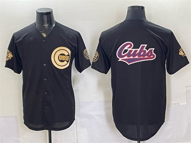 Chicago Cubs Team Big Logo Black Gold 150th Anniversary Patch Stitched Jersey - Main View