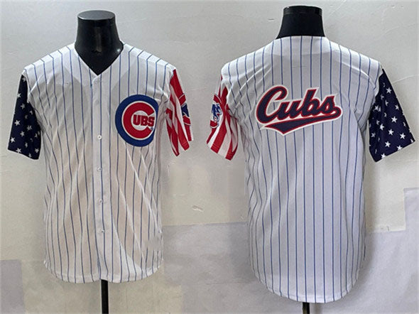 Chicago Cubs Team Big Logo White Pinstripe 2025 Independence Day Vapor Premier Limited Stitched Baseball Jersey - Main View