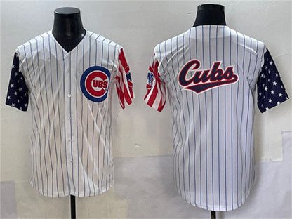 Chicago Cubs Team Big Logo White Pinstripe 2025 Independence Day Vapor Premier Limited Stitched Baseball Jersey - Main View
