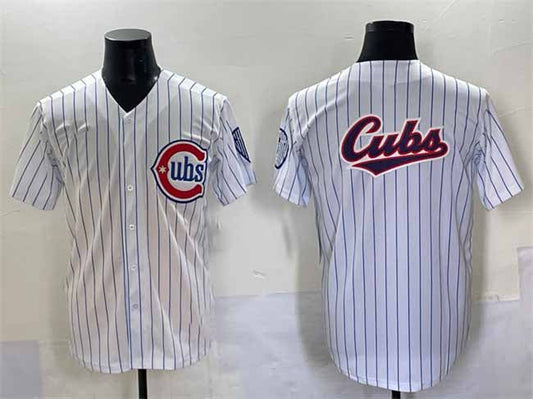 Chicago Cubs Team Big Logo White Pinstripe 2nd Alternate Limited Stitched Baseball Jersey - Main View