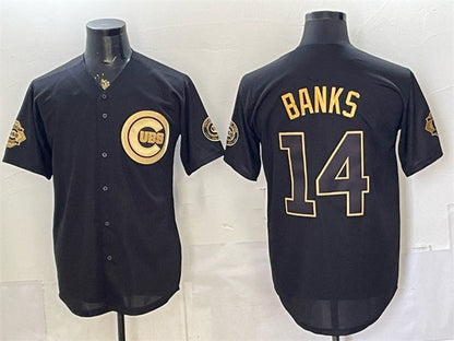 Chicago Cubs #14 Ernie Banks Black Gold 150th Anniversary Patch Stitched Jersey - Main View