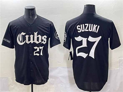 Chicago Cubs #27 Seiya Suzuki Black 'Gothic North Side Edition' Vapor Premier Limited Stitched Baseball Jersey - Main View