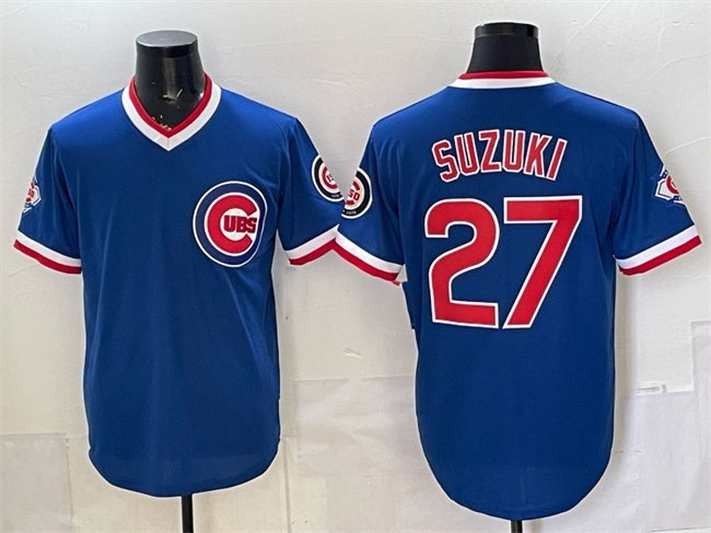 Chicago Cubs #27 Seiya Suzuki Royal 150th Anniversary Throwback Vapor Limited Stitched Jersey - Main View