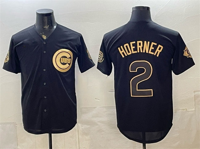 Chicago Cubs #2 Nico Hoerner Black Gold 150th Anniversary Patch Stitched Jersey - Main View