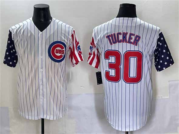 Chicago Cubs #30 Kyle Tucker White Pinstripe 2025 Independence Day Vapor Premier Limited Stitched Baseball Jersey - Main View