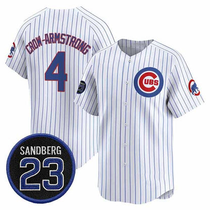 Chicago Cubs #4 Pete Crow-Armstrong White Pinstripe 'Ryne Sandberg Tribute' Vapor Limited V2 Stitched Baseball Jersey - Main View
