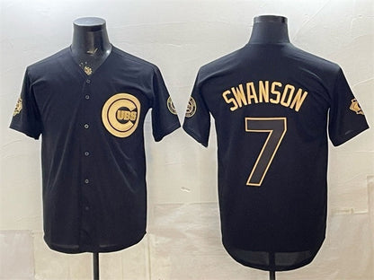 Chicago Cubs #7 Dansby Swanson Black Gold 150th Anniversary Patch Stitched Jersey - Main View