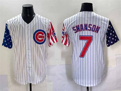 Chicago Cubs #7 Dansby Swanson White Pinstripe 2025 Independence Day Vapor Premier Limited Stitched Baseball Jersey - Main View