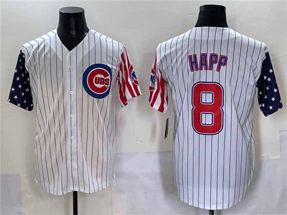 Chicago Cubs #8 Ian Happ White Pinstripe 2025 Independence Day Vapor Premier Limited Stitched Baseball Jersey - Main View