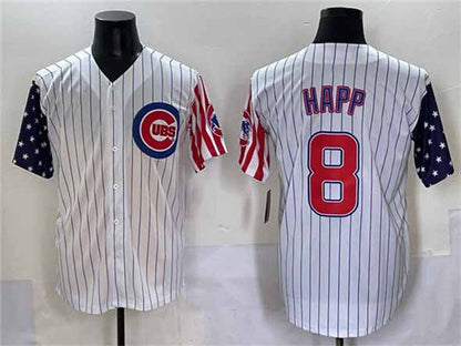 Chicago Cubs #8 Ian Happ White Pinstripe 2025 Independence Day Vapor Premier Limited Stitched Baseball Jersey - Main View