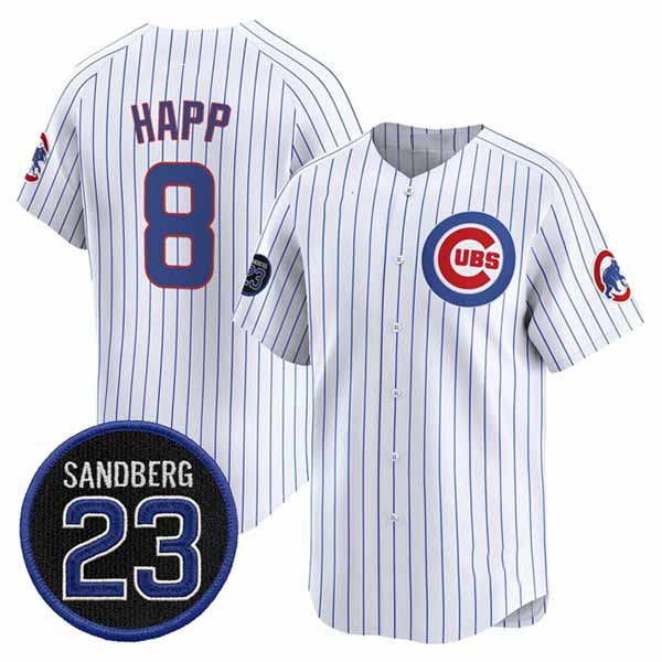 Chicago Cubs #8 lan Happ White Pinstripe 'Ryne Sandberg Tribute' Vapor Limited V2 Stitched Baseball Jersey - Main View