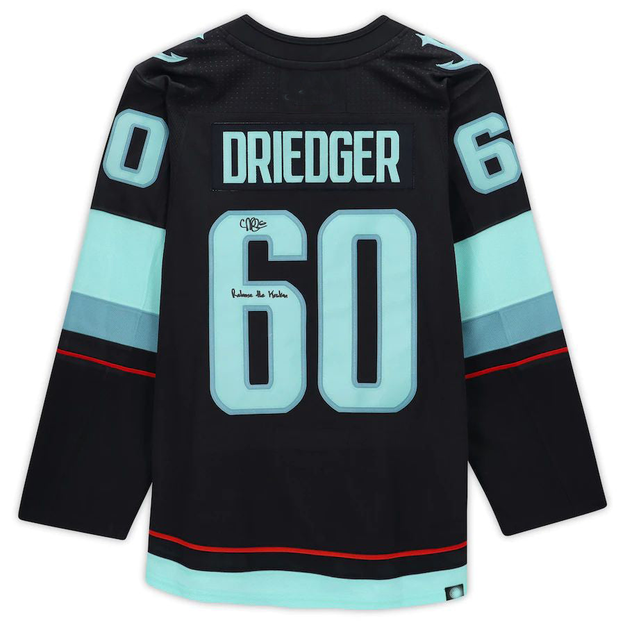 S.Kraken #60 Chris Driedger Fanatics Authentic Autographed with Inaugural Season Jersey Patch with Release the Kraken Inscription  Blue Stitched American Hockey Jerseys - Main View