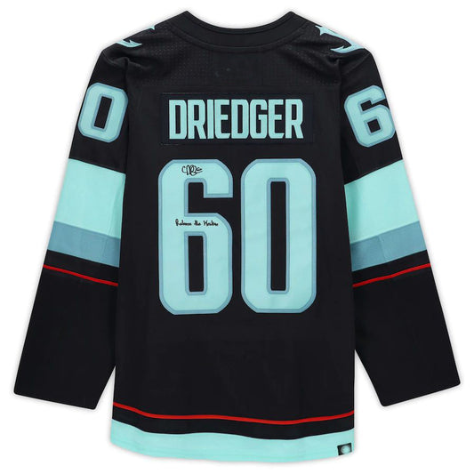 S.Kraken #60 Chris Driedger Fanatics Authentic Autographed with Inaugural Season Jersey Patch with Release the Kraken Inscription  Blue Stitched American Hockey Jerseys - Main View