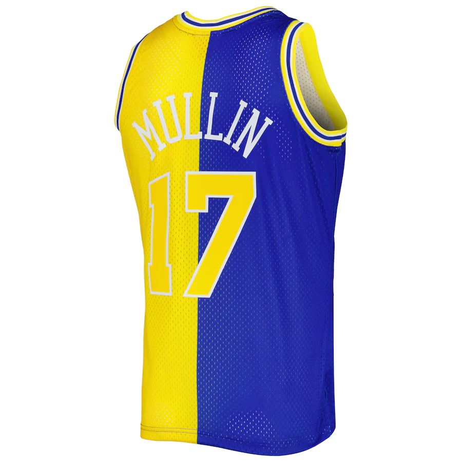 G.State Warriors #17 Chris Mullin Mitchell & Ness Hardwood Classics 1993-94 Split Swingman Jersey Royal Gold Stitched American Basketball Jersey - Main View