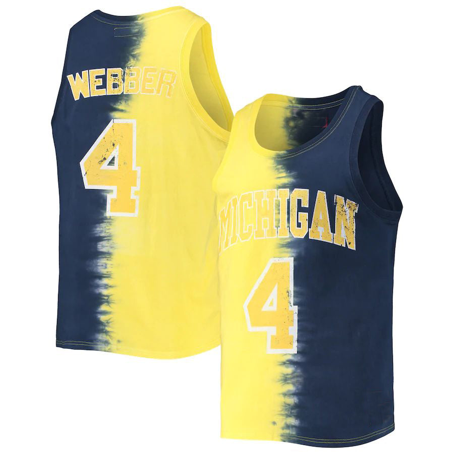 M.Wolverines #4 Chris Webber Mitchell & Ness Name & Number Tie-Dye Tank Top Maize Navy Stitched American College Jerseys - Main View