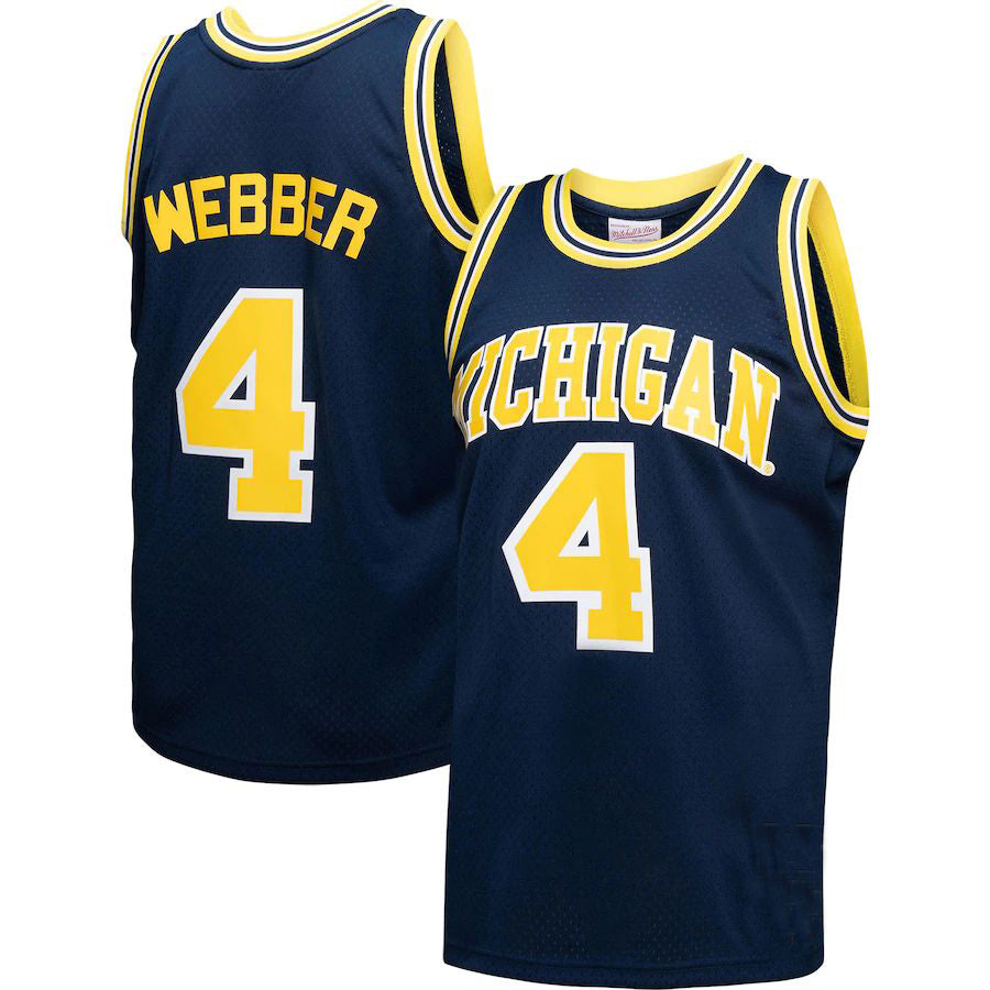 M.Wolverines #4 Chris Webber Mitchell & Ness Player Swingman Jersey Navy Stitched American College Jerseys - Main View