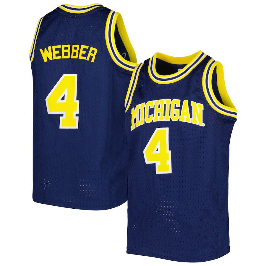 M.Wolverines #4 Chris Webber Mitchell & Ness Swingman Replica Jersey Navy Stitched American College Jerseys - Main View