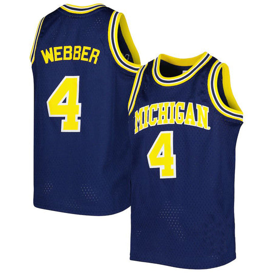M.Wolverines #4 Chris Webber Mitchell & Ness Swingman Replica Jersey Navy Stitched American College Jerseys - Main View