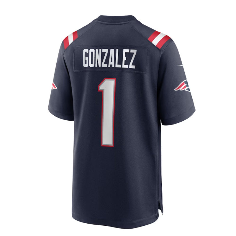 NE.Patriots #1 Christian Gonzalez 2023 Draft First Round Pick Game Jersey - NavyStitched American Football Jerseys - Main View