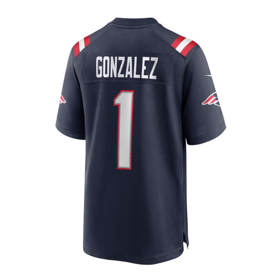 NE.Patriots #1 Christian Gonzalez 2023 Draft First Round Pick Game Jersey - NavyStitched American Football Jerseys - Main View