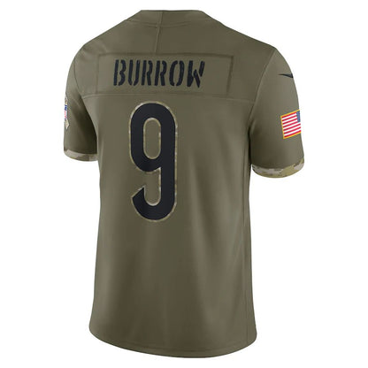 C.Bengals #9 Joe Burrow Olive 2022 Salute To Service Limited Jersey Stitched American Football Jerseys - Main View