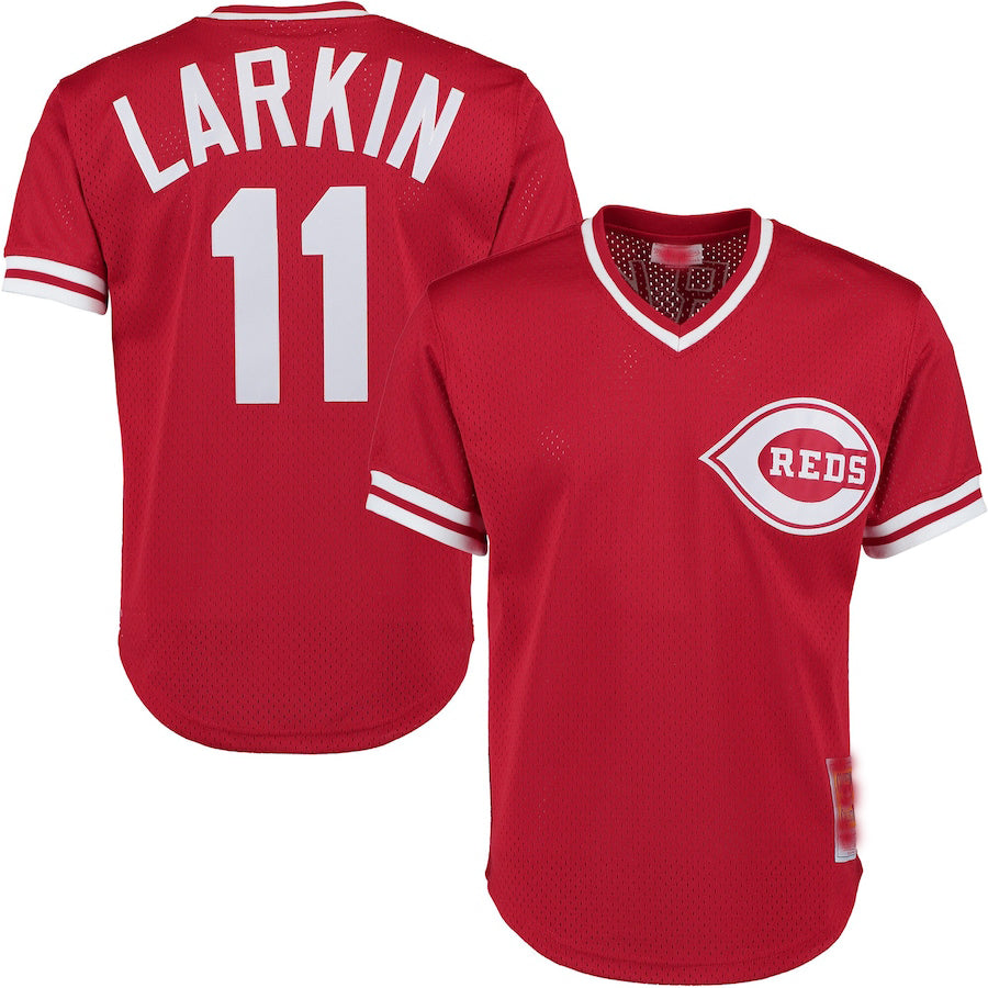 Cincinnati Reds #11 Barry Larkin Mitchell & Ness Red Fashion Cooperstown Collection Mesh Batting Practice Jersey Baseball Jerseys - Main View