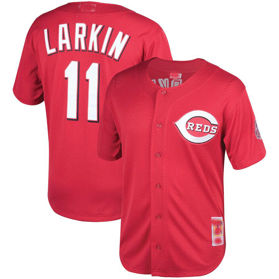 Cincinnati Reds #11 Barry Larkin Mitchell & Ness Red Throwback Cooperstown Mesh Batting Practice Jersey Baseball Jerseys - Main View