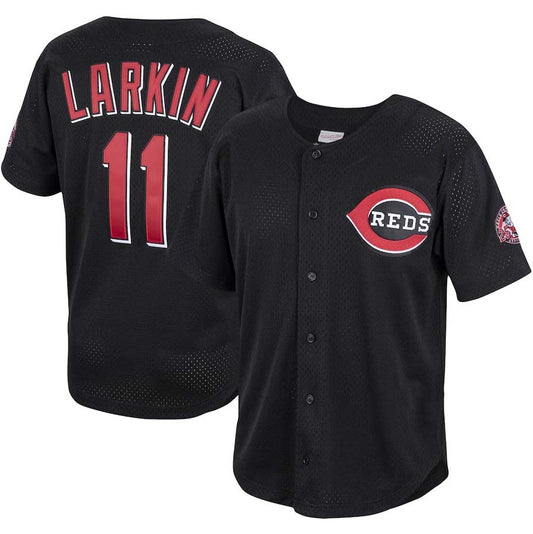 Cincinnati Reds #11 Barry Larkin Mitchell & Ness Cooperstown Collection Mesh Batting Practice Button-Up Jersey - Black Baseball Jerseys - Main View