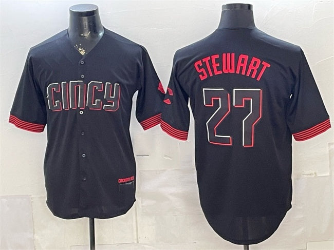 Cincinnati Reds #27 Sal Stewart Black City Connect Cool Base Stitched Jersey - Main View