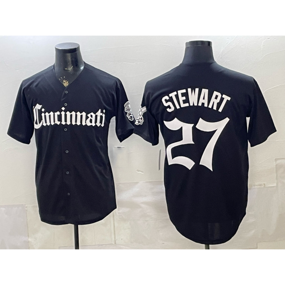 Cincinnati Reds #27 Sal Stewart Black 'Gothic Queen City Edition' Vapor Premier Limited Baseball Stitched Jersey - Main View