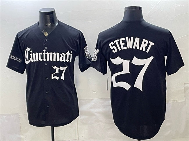 Cincinnati Reds #27 Sal Stewart Black 'Gothic Queen City Edition' Vapor Premier Limited Stitched Jersey - Main View