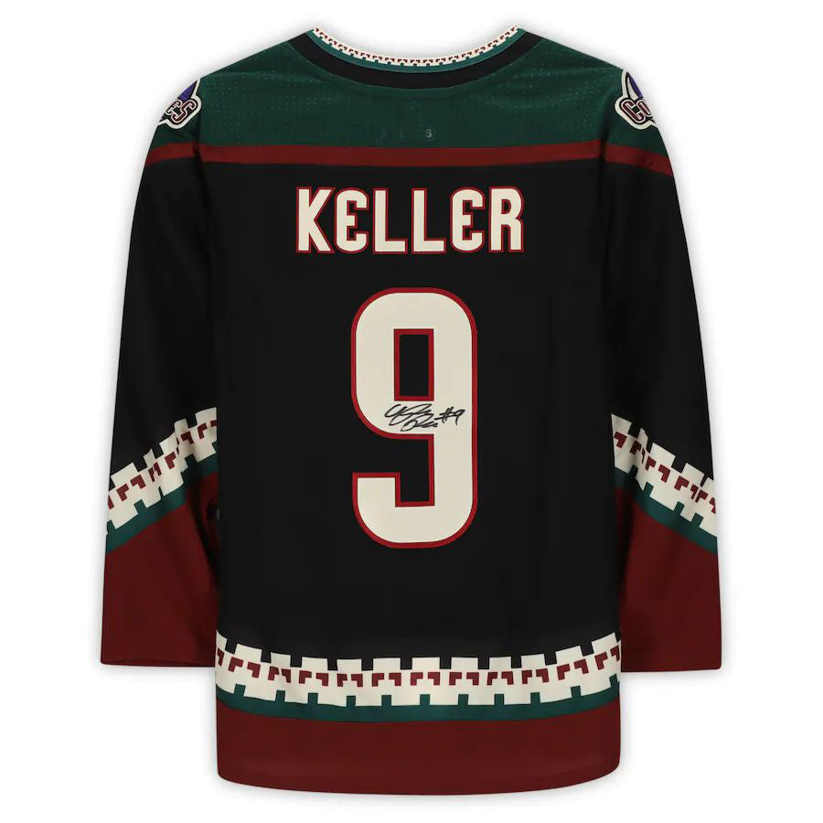 A.Coyotes #9 Clayton Keller Fanatics Authentic Autographed Kachina Alternate Jersey with 25th Anniversary Season Patch Black Stitched American Hockey Jerseys - Main View
