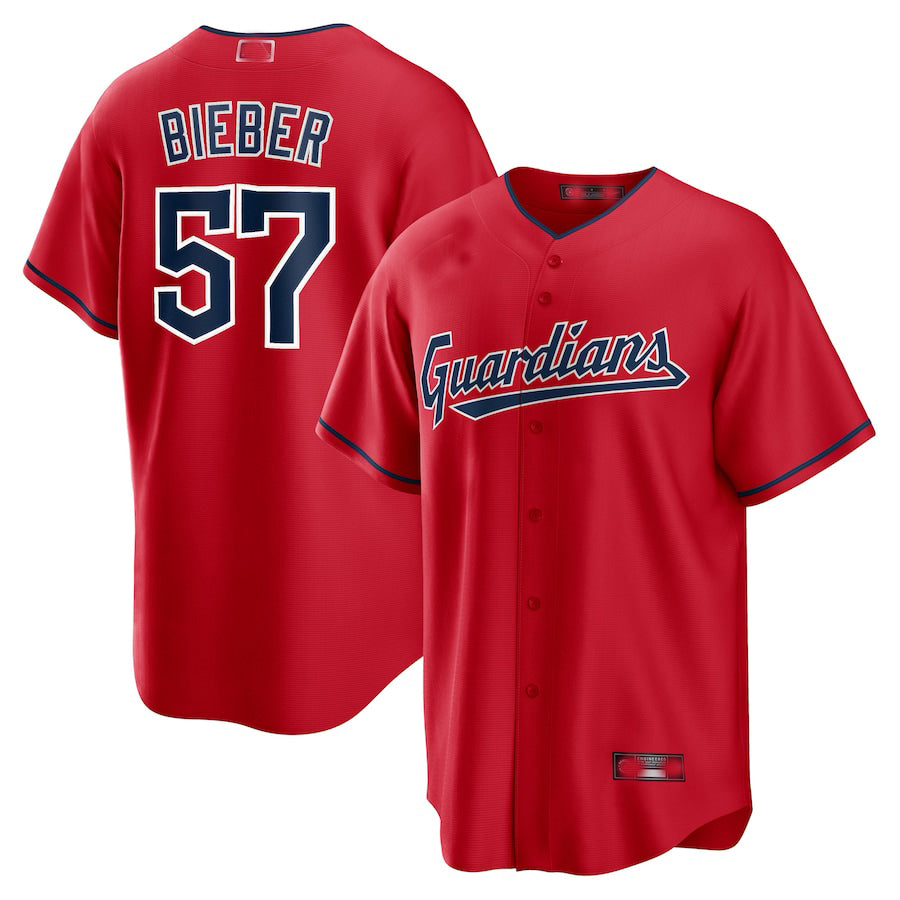 Cleveland Guardians #57 Shane Bieber Red Alternate Replica Player Jersey Baseball Jerseys - Main View