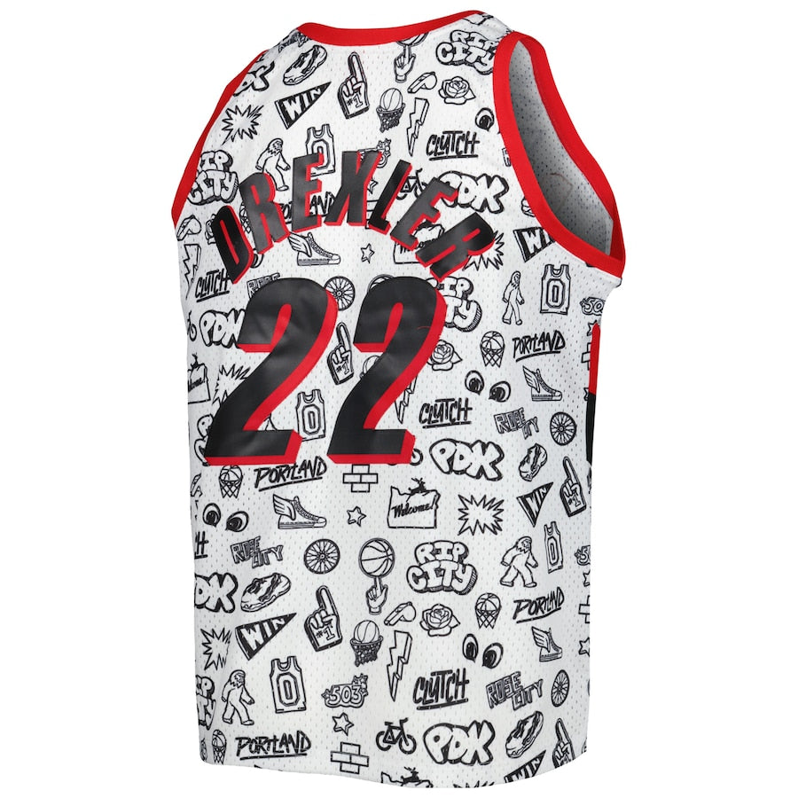 P.Trail Blazers #22 Clyde Drexler Mitchell & Ness 1991-92 Hardwood Classics Doodle Swingman Player Jersey White Stitched American Basketball Jersey - Main View