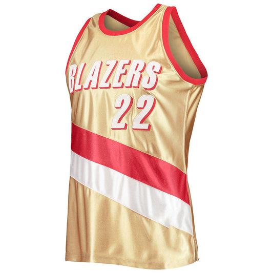 P.Trail Blazers #22 Clyde Drexler Mitchell & Ness 75th Anniversary 1991-92 Hardwood Classics Swingman Jersey Gold Stitched American Basketball Jersey - Main View