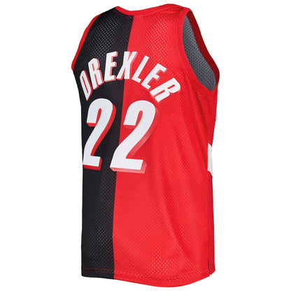 P.Trail Blazers #22 Clyde Drexler Mitchell & Ness Hardwood Classics 1991-92 Split Swingman Jersey Red-Black Stitched American Basketball Jersey - Main View