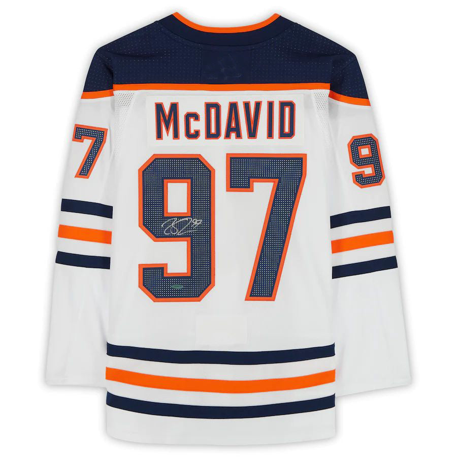 E.Oilers #97 Connor McDavid Fanatics Authentic Autographed Jersey Upper Deck White Stitched American Hockey Jerseys - Main View