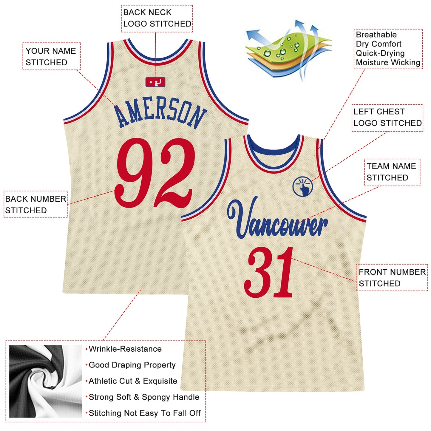 Custom Cream Red-Royal Authentic Throwback Basketball Jersey view 3