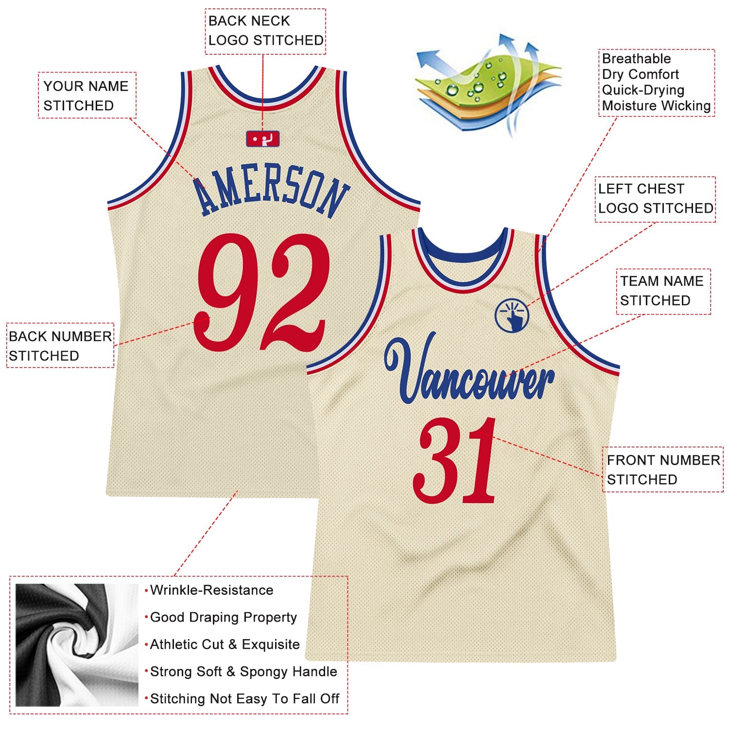 Custom Cream Red-Royal Authentic Throwback Basketball Jersey view 3