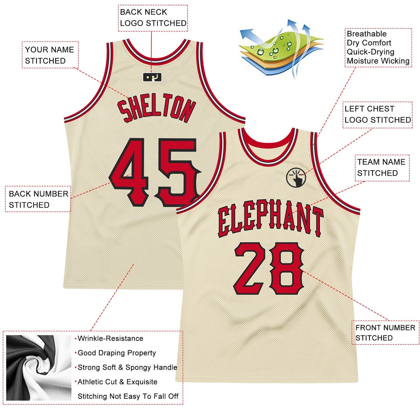 Custom Cream Red-Black Authentic Throwback Basketball Jersey view 2