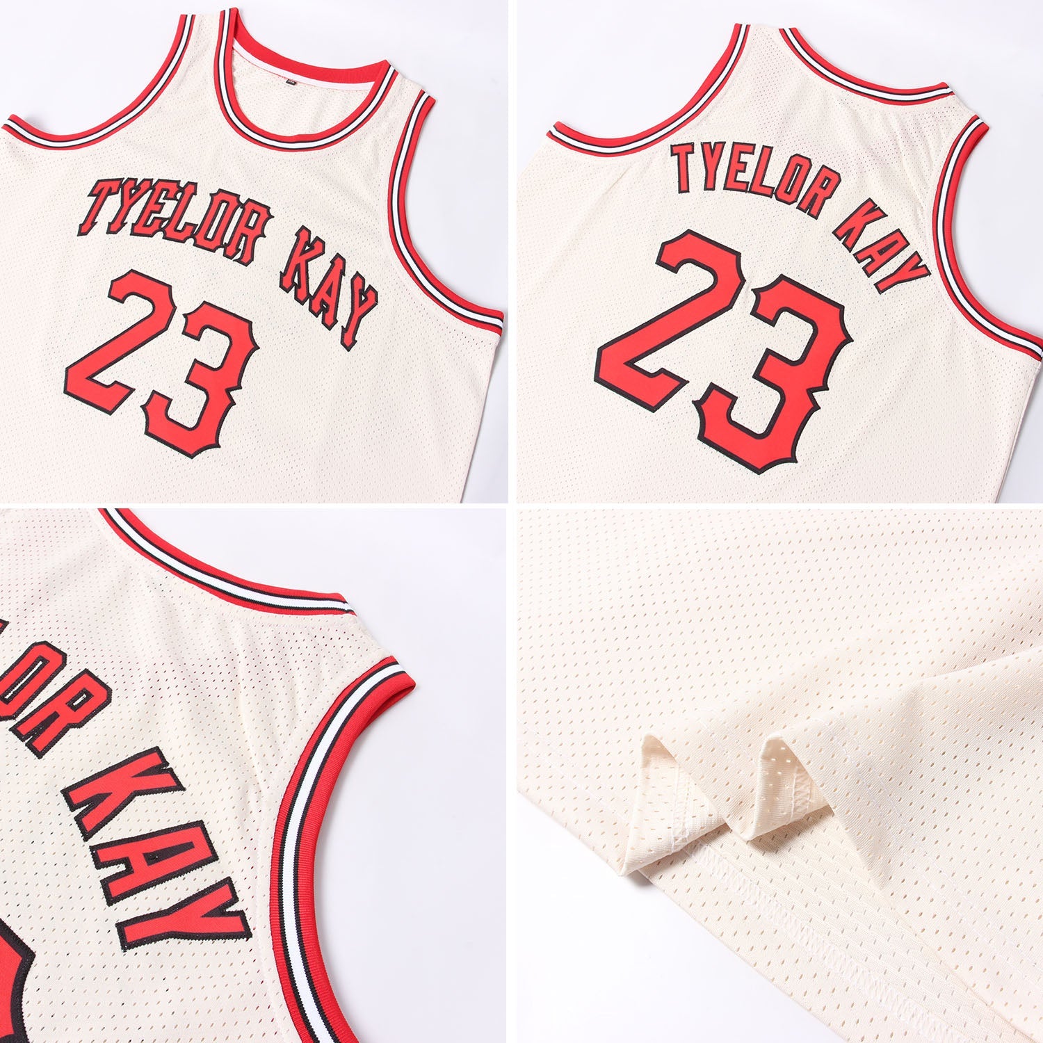 Custom Cream Red-Black Authentic Throwback Basketball Jersey view 5
