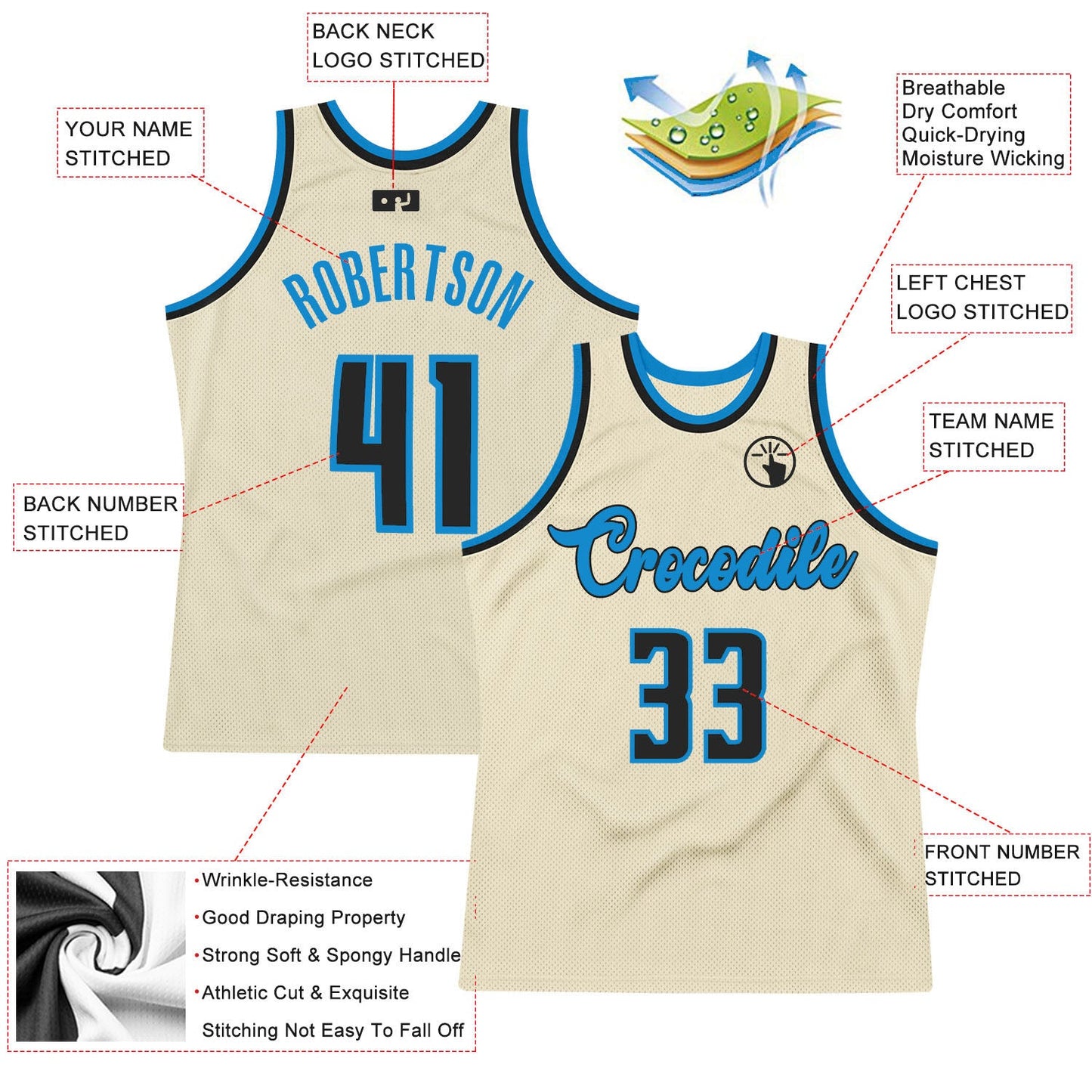 Custom Cream Black-Blue Authentic Throwback Basketball Jersey view 2