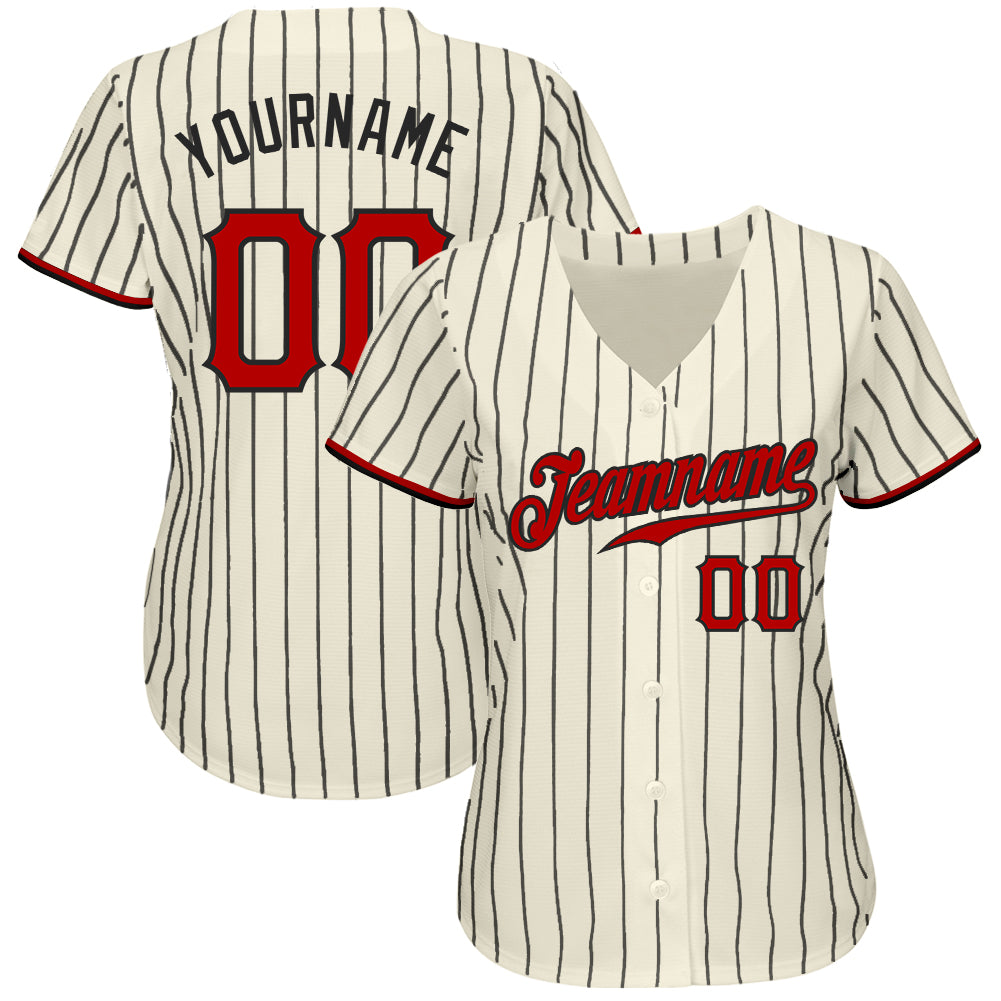 Custom Cream Black Pinstripe Red-Black Authentic Baseball Jersey view 2