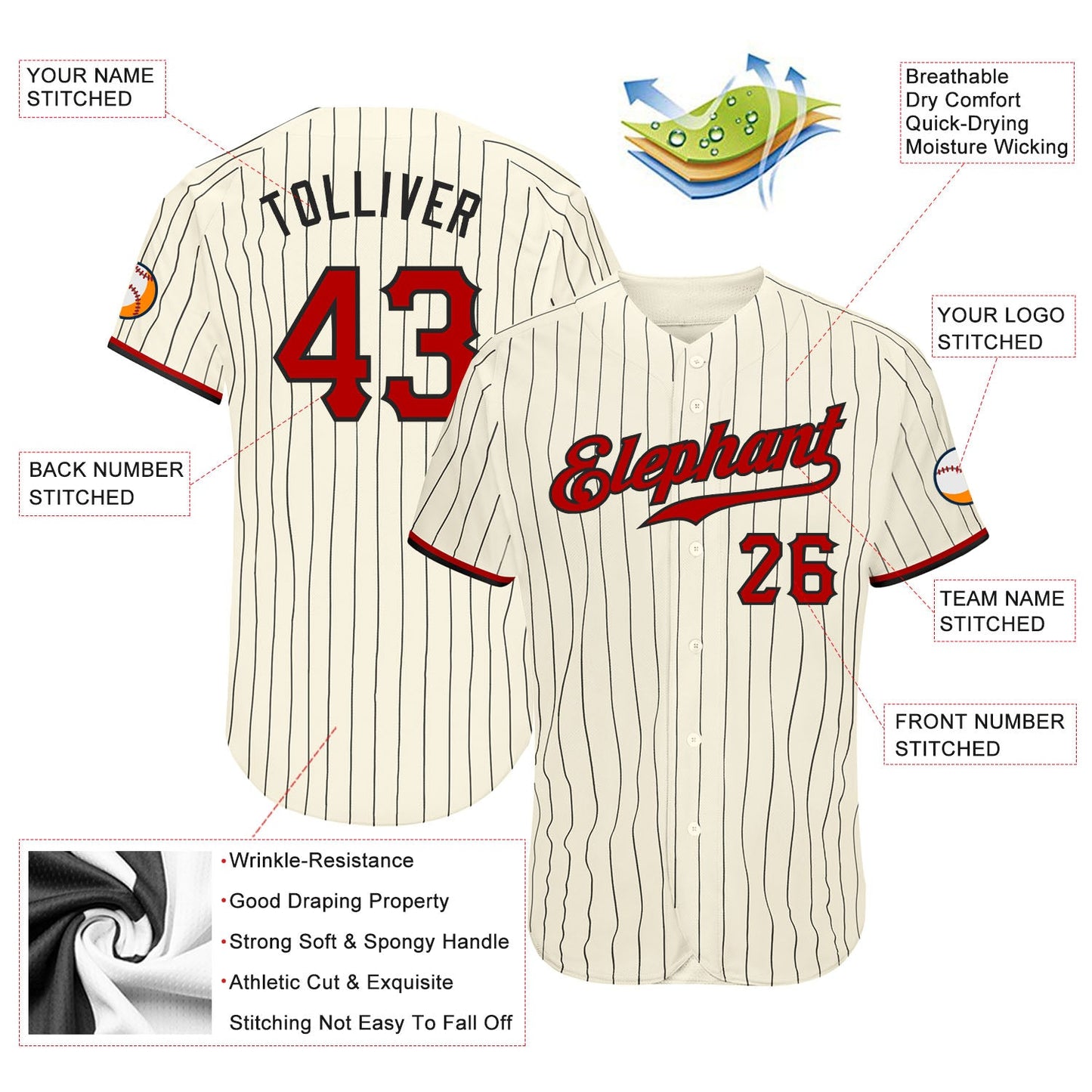 Custom Cream Black Pinstripe Red-Black Authentic Baseball Jersey view 3