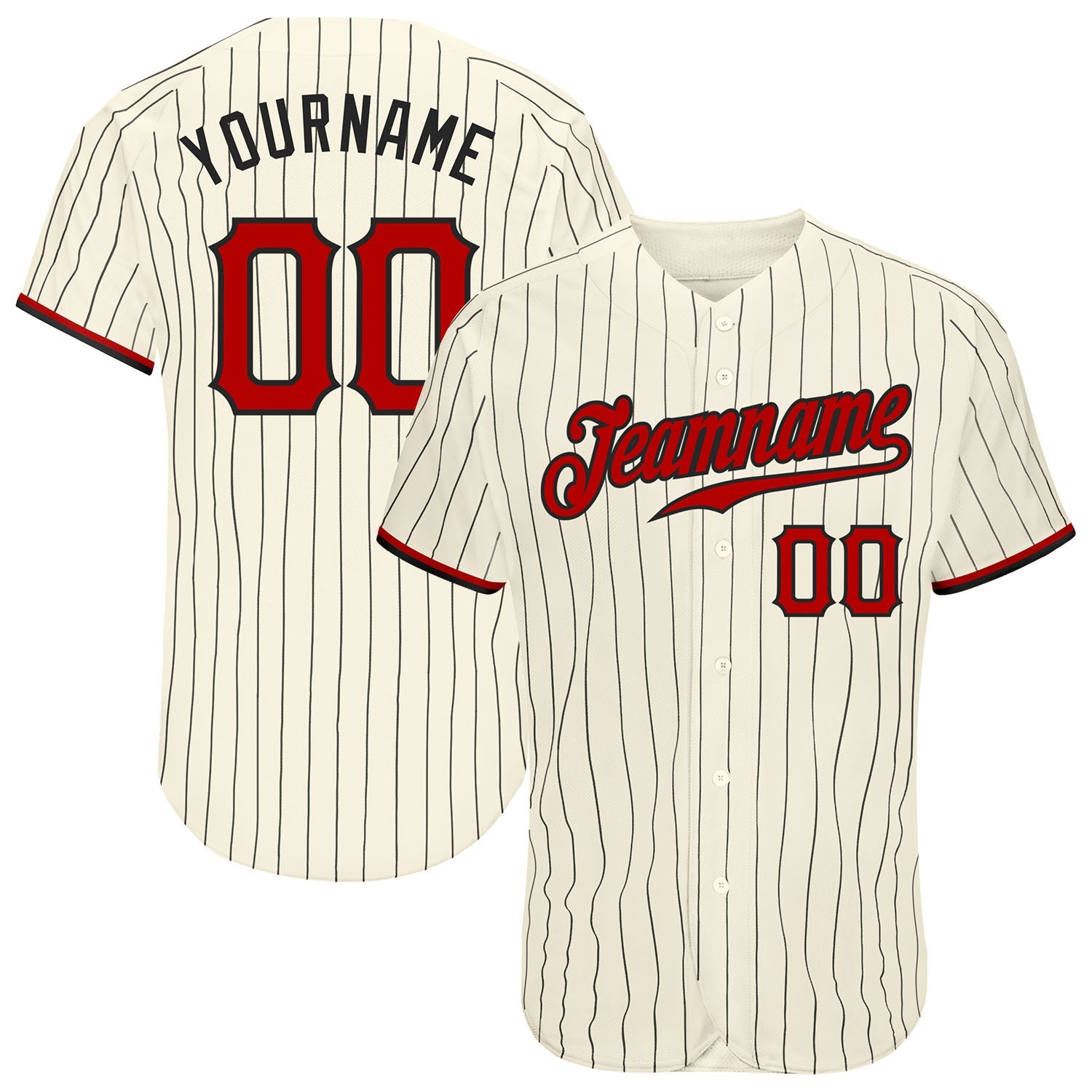 Custom Cream Black Pinstripe Red-Black Authentic Baseball Jersey - Main View