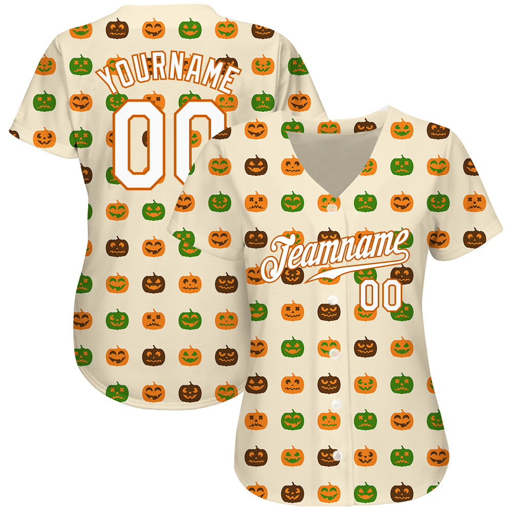 Custom Cream White-Texas Orange 3D Pattern Design Halloween Pumpkins Authentic Baseball Jersey view 2