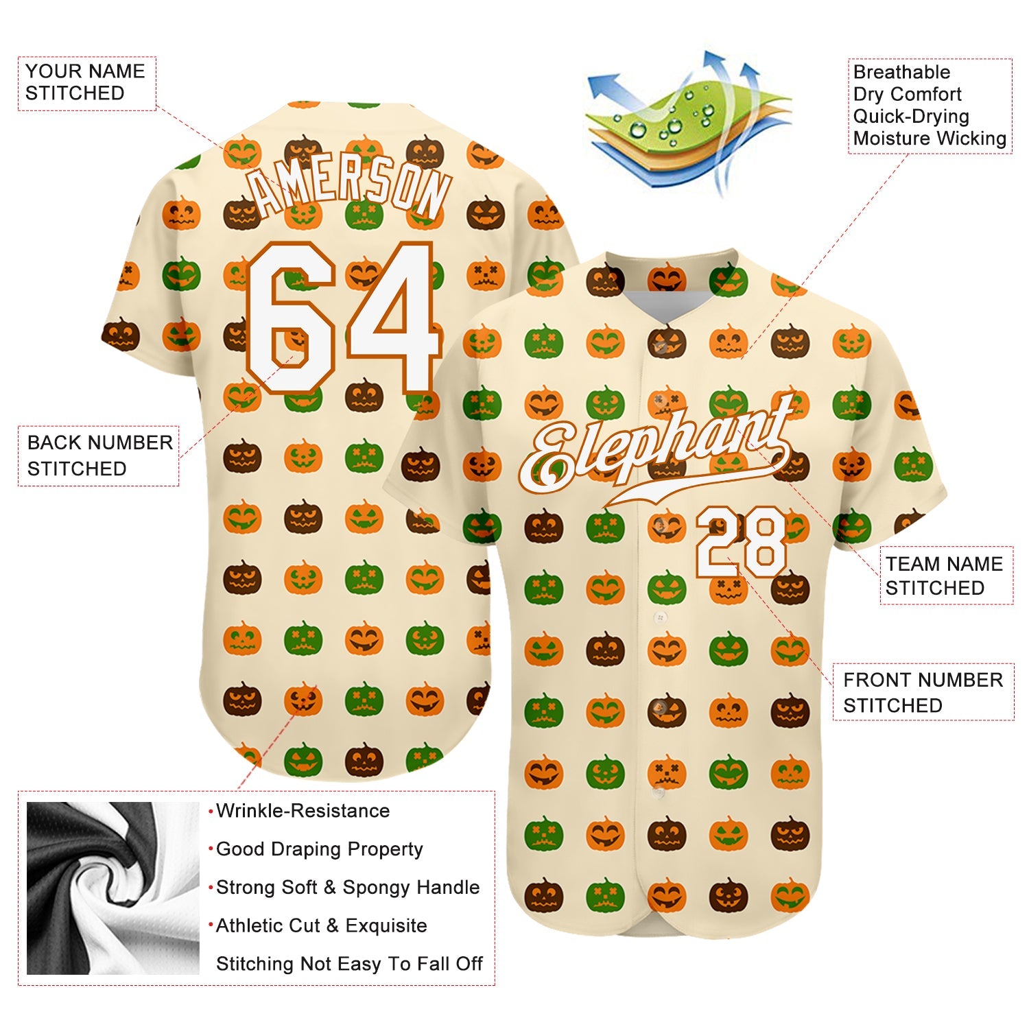 Custom Cream White-Texas Orange 3D Pattern Design Halloween Pumpkins Authentic Baseball Jersey view 3