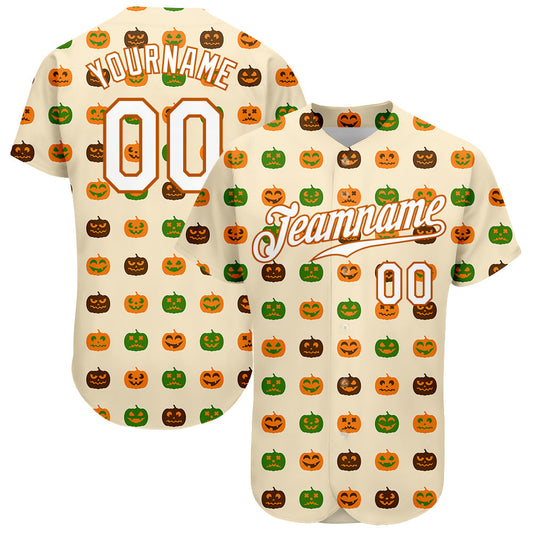 Custom Cream White-Texas Orange 3D Pattern Design Halloween Pumpkins Authentic Baseball Jersey - Main View